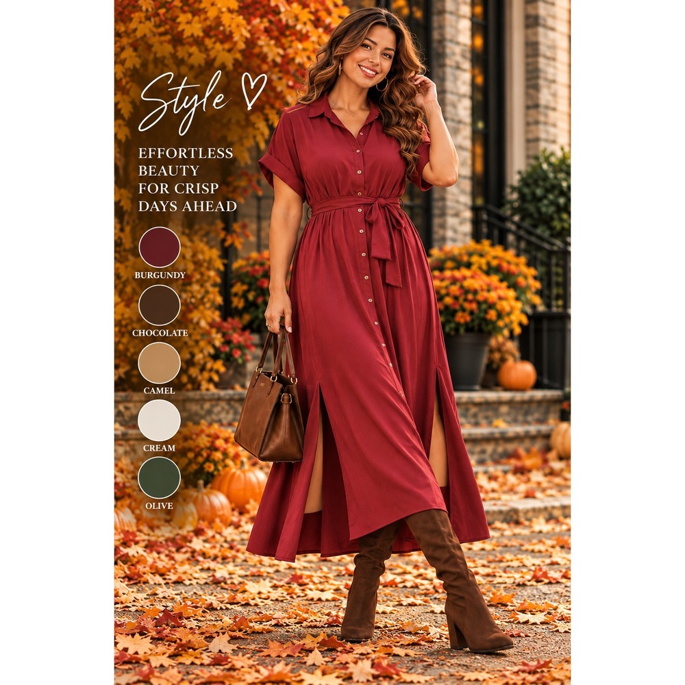 BloomChic Burgundy Short Sleeve Button Front Maxi Shirt Dress with Belt